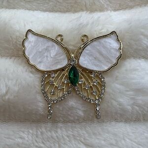 Gold and White Butterfly Brooch with Green Rhinestone NWOT
